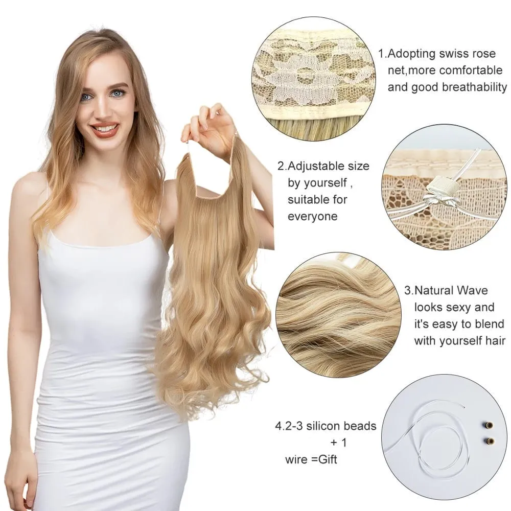 Sintético sem clipes na extensão do cabelo natural ombre preto loiro rosa uma peça onda longa fio invisível falso pedaço de cabelo