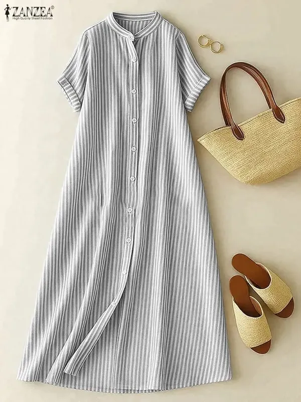 Women's Casual Striped Midi Dresses Stand Collar Short Sleeve Buttons Shirtdress Spring Summer Holiday Woman Clothes 3XL