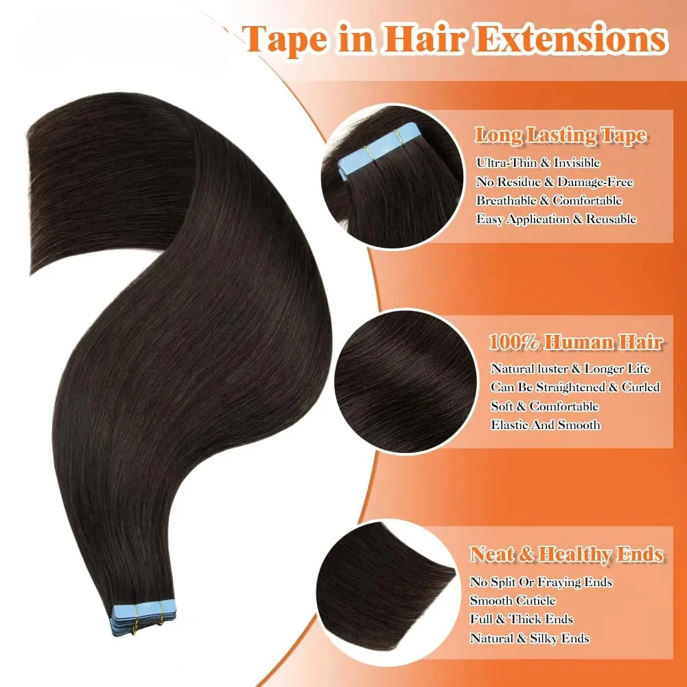 Tape in Hair Extensions Human Hair 20pcs 50g Remy Hair Extensions Straight Tape Extensions Human Hair Natural Black