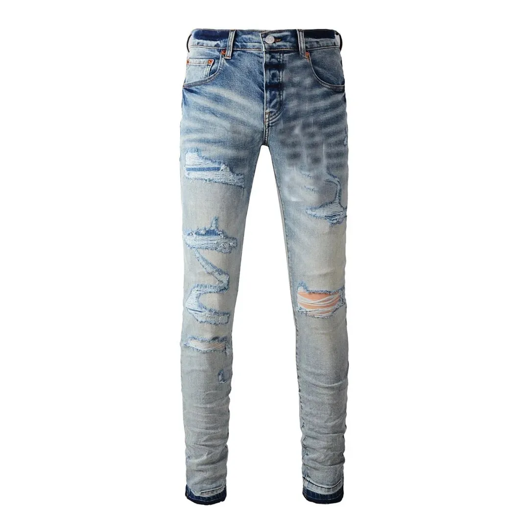 High Street Brand Men's Jeans American Distressed Coated Blank Stretch Skinny Button Fly Ripped Pants Trousers