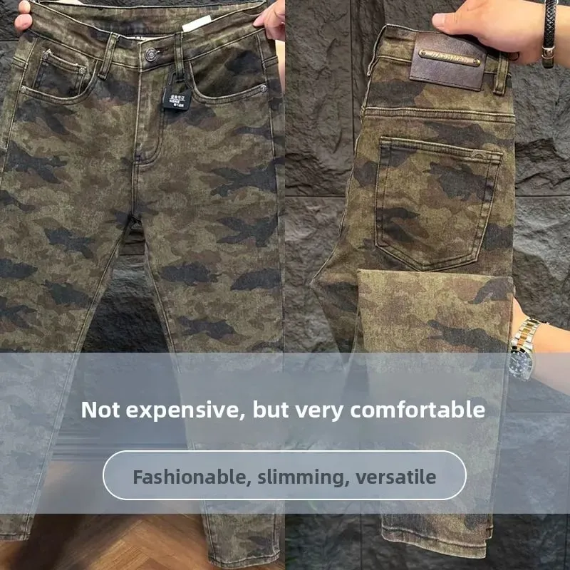 Jeans Men Italy Luxury Washed Men's Camouflage Jeans Slim-fit Straight-leg Pants 2026 New High-end Fashion Casual Long Pants