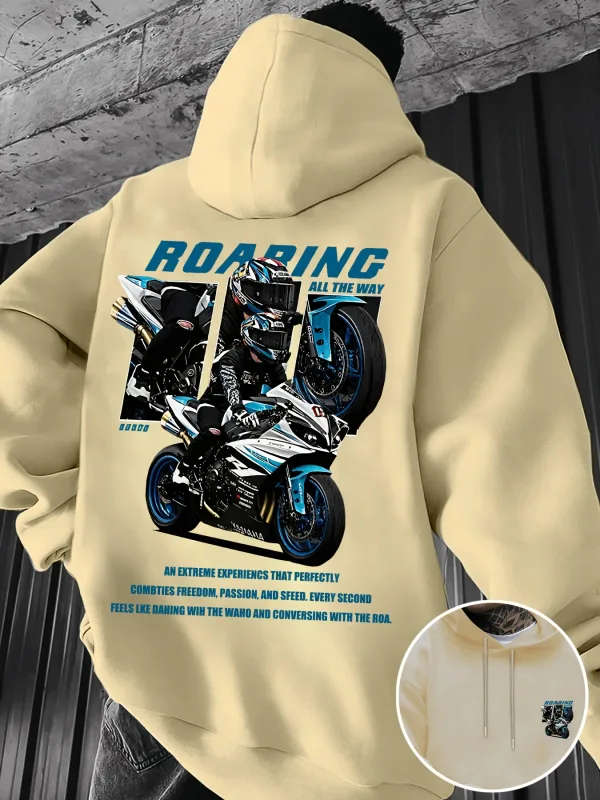 Winter and Autumn Men's Street Fashion Hooded Sweatshirt with "motorcycle" Print Pattern Fleece for Outdoor Warm Cozy Feeling