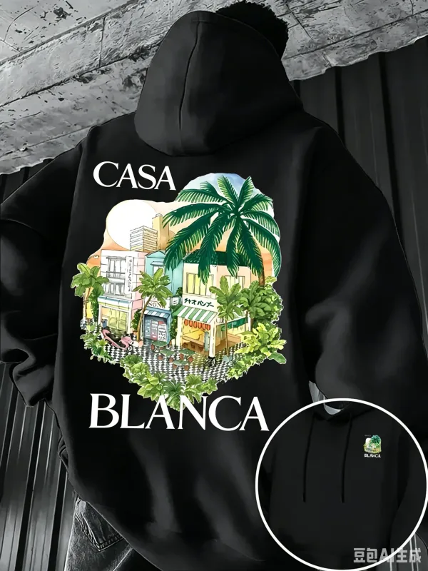 Men's Fall/Winter Fleece Hoodie with Tropical Palm City Landscape Print Warm and Loose Fit Street Style Hooded Sweatshirt