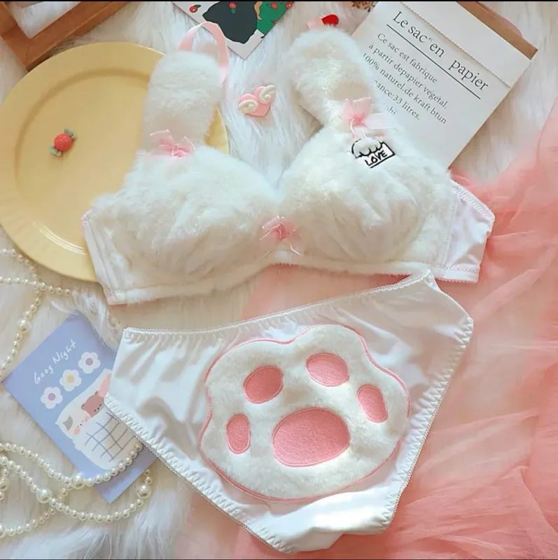 Cute Cat Paw Plush Lingerie Set for Women Warm Winter Bra & Panty with Ears Comfortable Kawaii Underwear