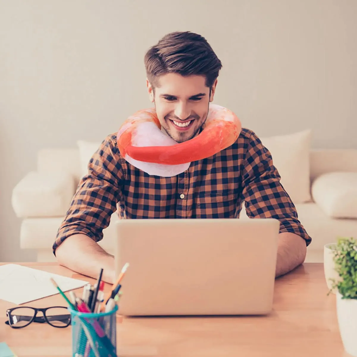 Cute Cartoon Shrimp Shape Neck Pillow for Travel Airplane Car Office Nap Relief Support Portable U-Shaped Cervical Cushion