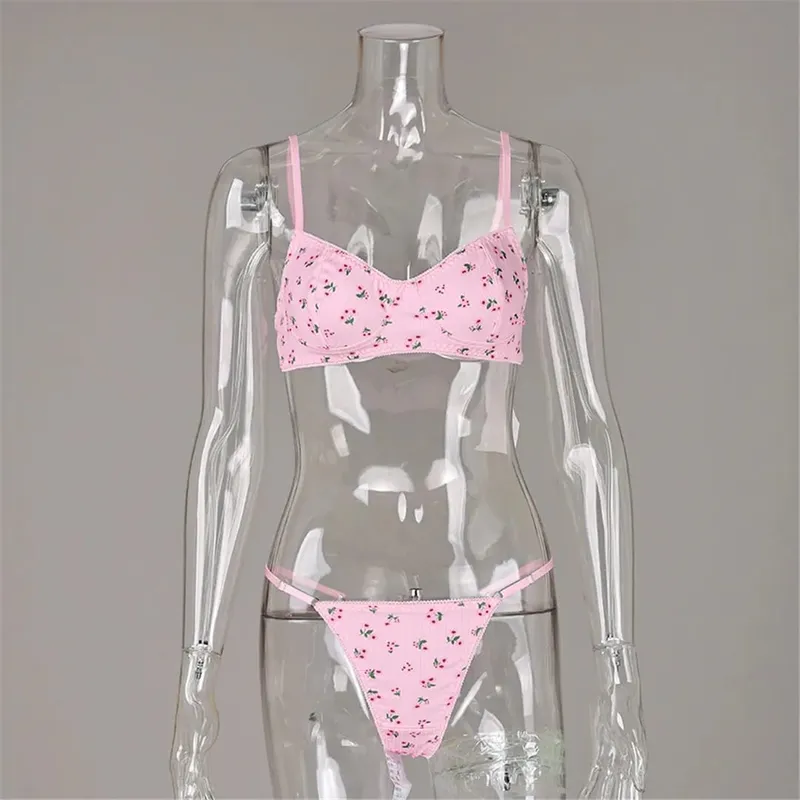 2026 Flower Printed Two Piece Bra Set Floral Sweet Summer Bra and Underwear Sets Women's Wire Free Bra Set Bra & Brief Sets M168