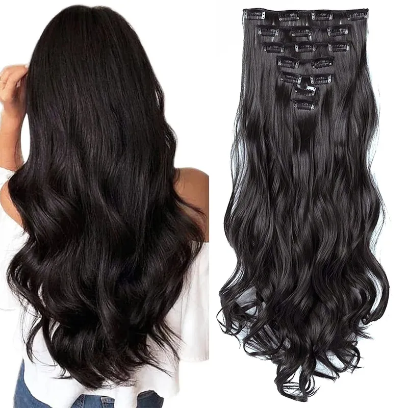 18~30 inch Long Wavy Clip-in Hair Extensions 7pcs/set Thick Hair pieces With Invisible Clips Soft Synthetic Fiber Black — image 8