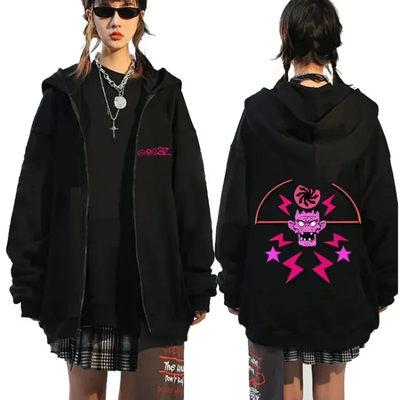 Rock Band Gorillaz Demon Days Eyes Graphic Zipper Hoodie Men Hip Hop Fashion Oversized Zip Up Jacket Unisex Zip Up Sweatshirt