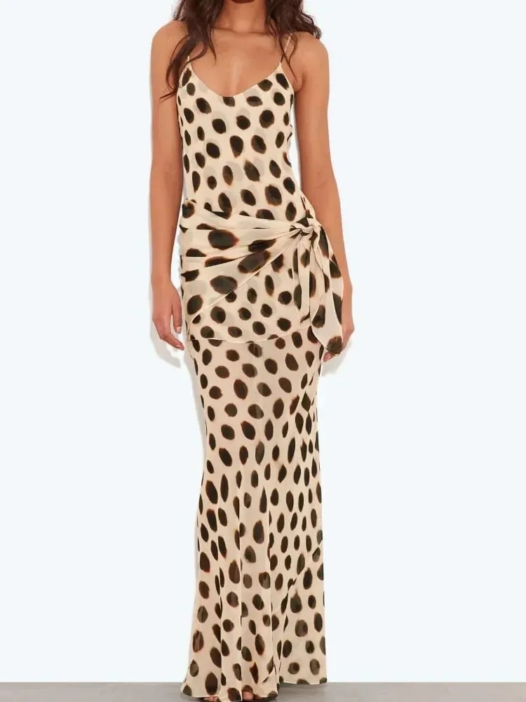 Trendy Slip Dress Animal Print V-neck Ruched Drawstring Sexy Maxi Women Dresses Party Stylish Retro Summer Street Outfits