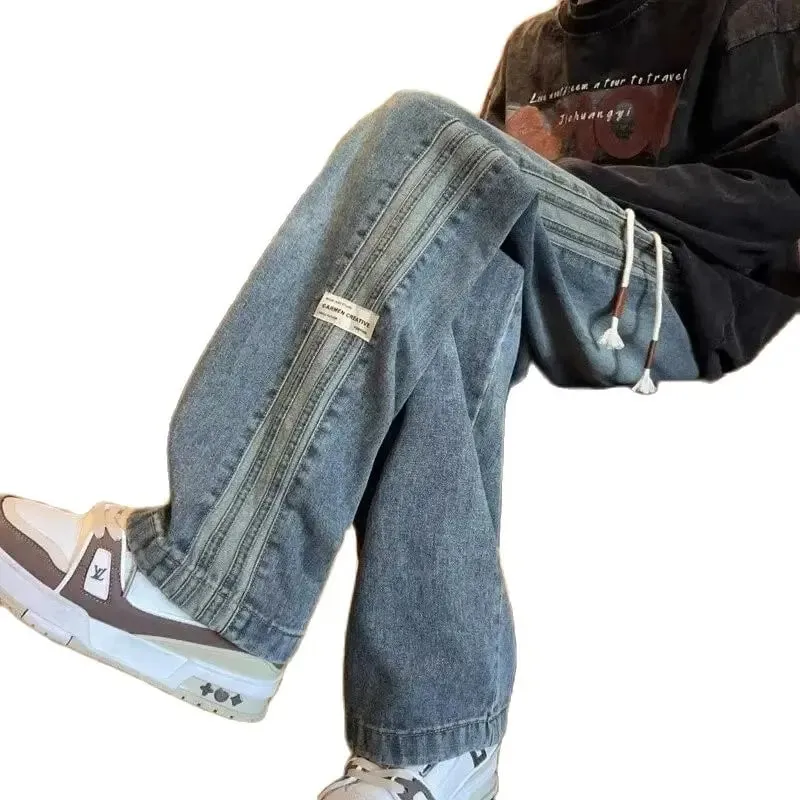 Three bar American retro jeans men's spring and autumn new style high street elastic waist loose casual men's straight leg long