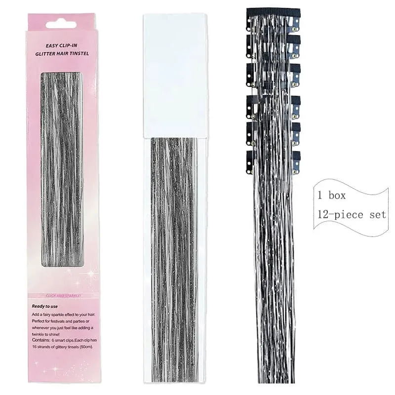 20 Inch Synthetic Hair Extensions -12 Piece Set of Colorful Glitter Hair Accessories Suitable for Girls' Party Birthday Gifts