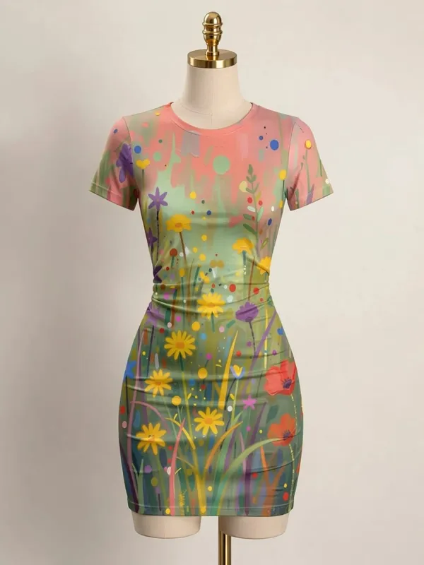 Womens Short Sleeve Bodycon Mini Dress Slim Fit Crew Neck Floral Print Casual Summer Party Cute Elegant Summer Vacation Sundress