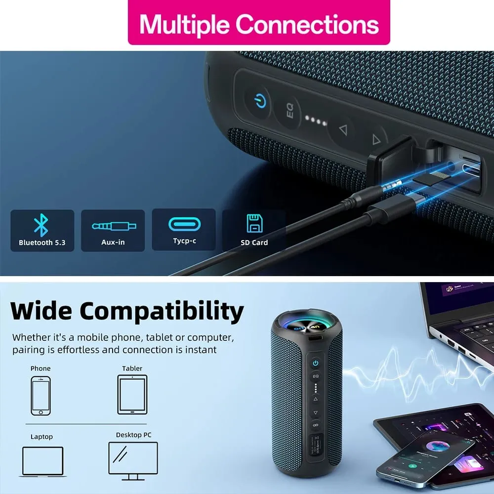 Ortizan Bluetooth Speakers 40W TWS Portable Speaker with Stereo Sound Bass Bluetooth 5.3 Wireless USB Type C Outdoor 6600mAh Battery