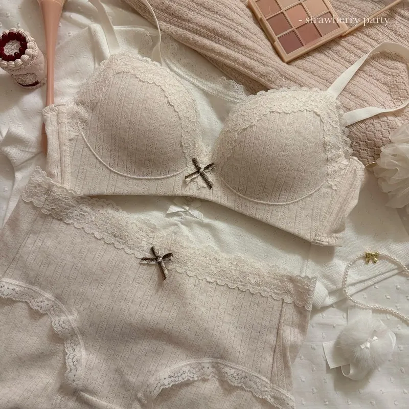 New Bra: Sweet Fashionable And Feminine Lace-Trimmed Floral Lingerie Set for Women with Small Busts—push-Up Wire-Free Bra Set