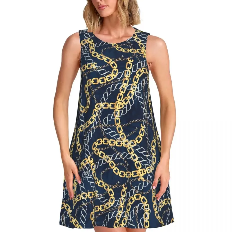 Gold Chain Casual Dress Vintage Print Korean Fashion Dresses Sleeveless Cute Dress Cheap Crew Neck Female Print Clothes