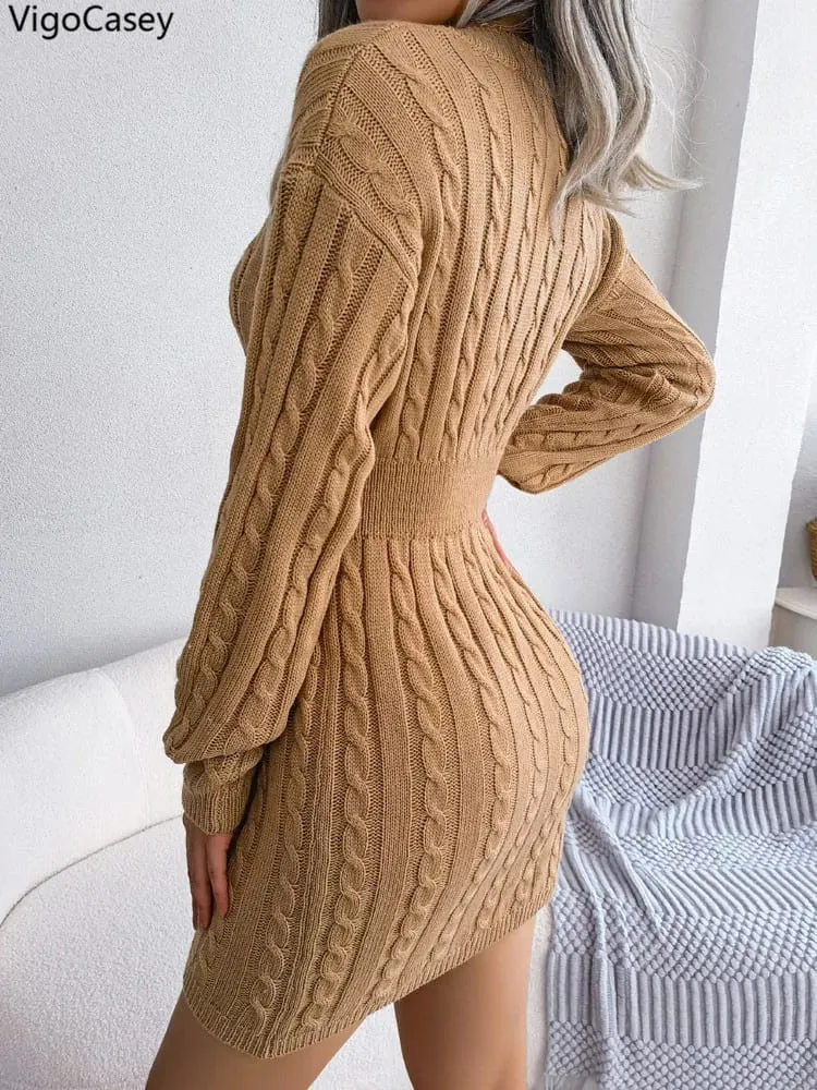 VigoCasey 2026 V Neck Casual Short Knit Dress Autumn Winter Women Solid Long Sleeve Dress Lady Khaki Bodycon Knitted Dresses — image 6