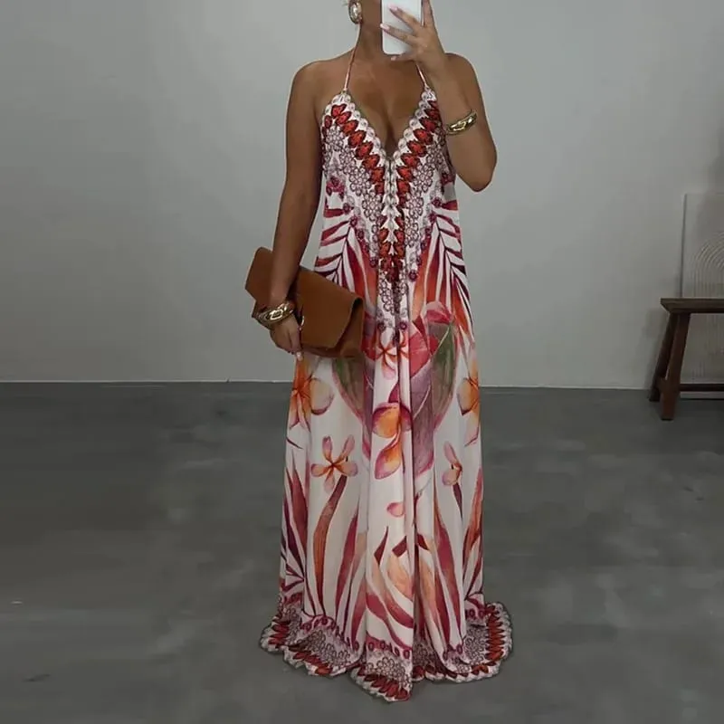 Casual High Waist Evening Party Dress Sexy V-neck Backless Sleeveless Vacation Robes Elegant Bohemian Printed Women Loose Dress — image 4