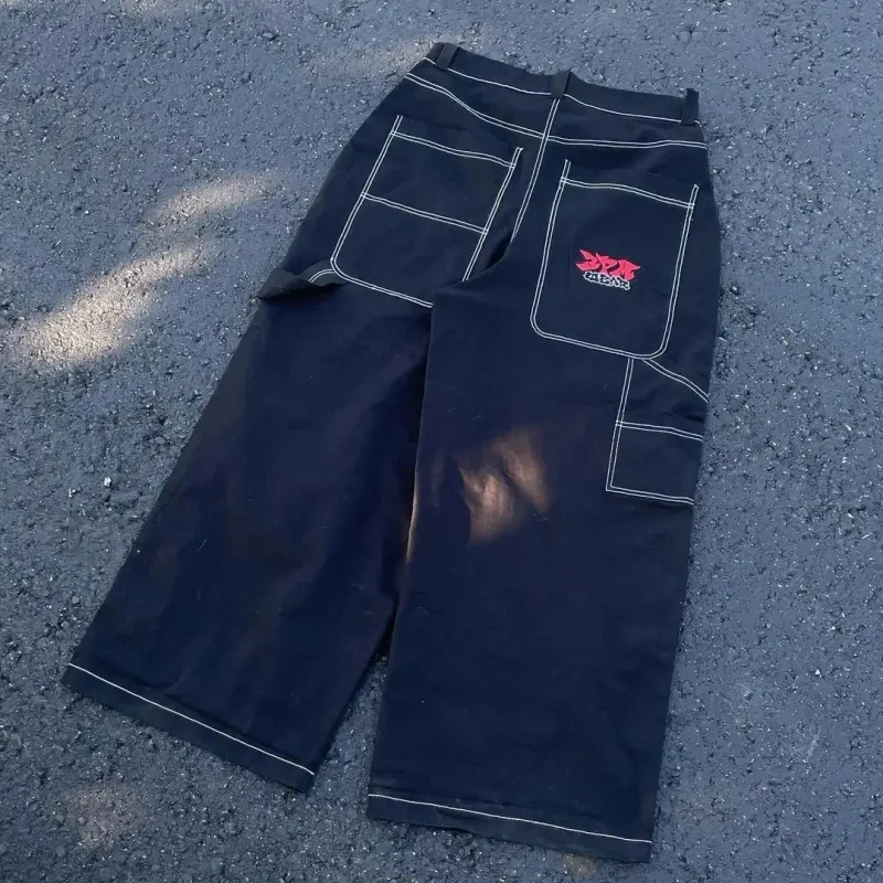 Y2K Jeans Longgar Bordir Hewan Kelelawar Celana Denim Gotik Hip Hop Hitam Pria Antik Celana Panjang Kaki Lebar Lurus Wanita Mode