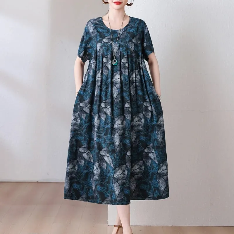 Yeni Moda Rahat 2026 Yaz Elbiseler Kadınlar Için Vintage Kısa Kollu O-Boyun Baskı Gevşek Çiçek Elbise Kadın Giysileri