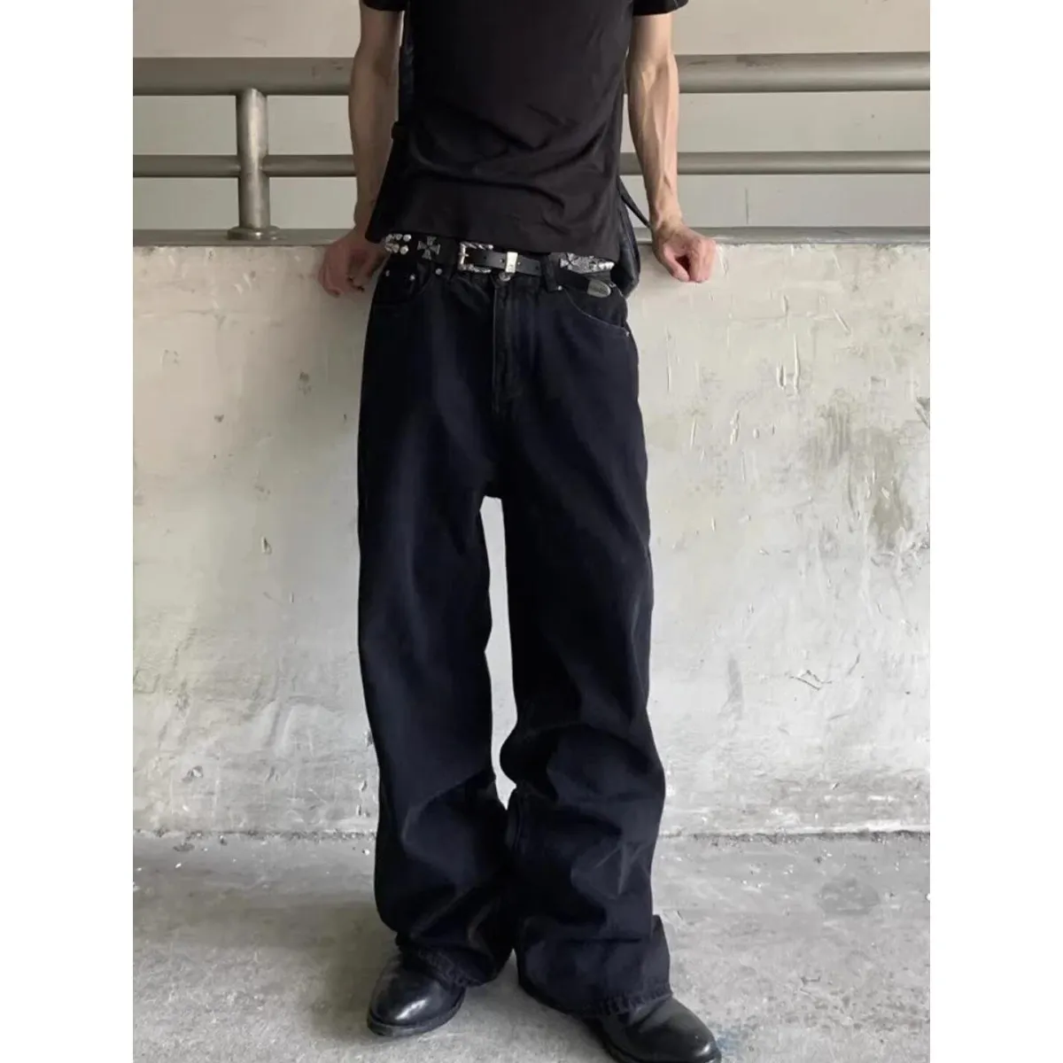 Estilo retro americano bordado preto original jeans masculino solto perna reta jeans juventude moda algodão mistura de poliéster