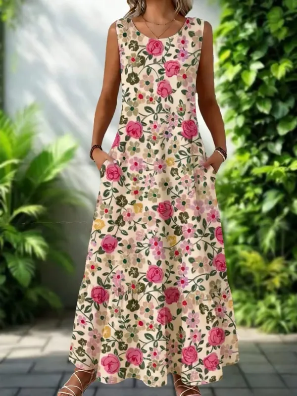 2026 New Women's Dress Fashion Floral Print New Sleeveless Design Dresses Summer Outdoor Beach Vacation Ankle Long Women's Dress
