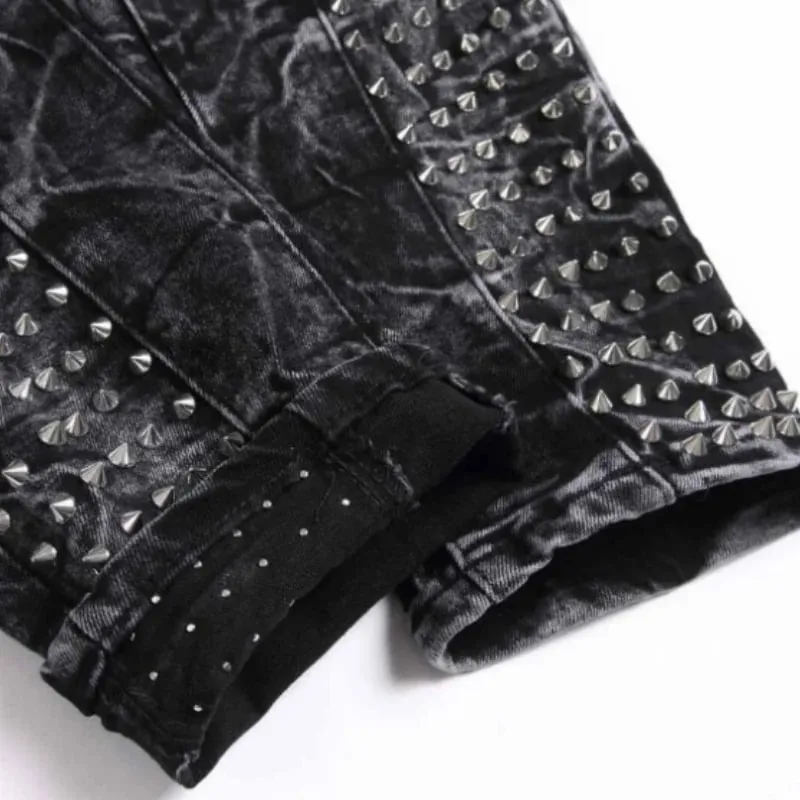 2025 Four Seasons New Retro Punk High Street Trendy Sort Vasket Forældede Slankende og Forældede Willow Nail mænds jeans — image 5