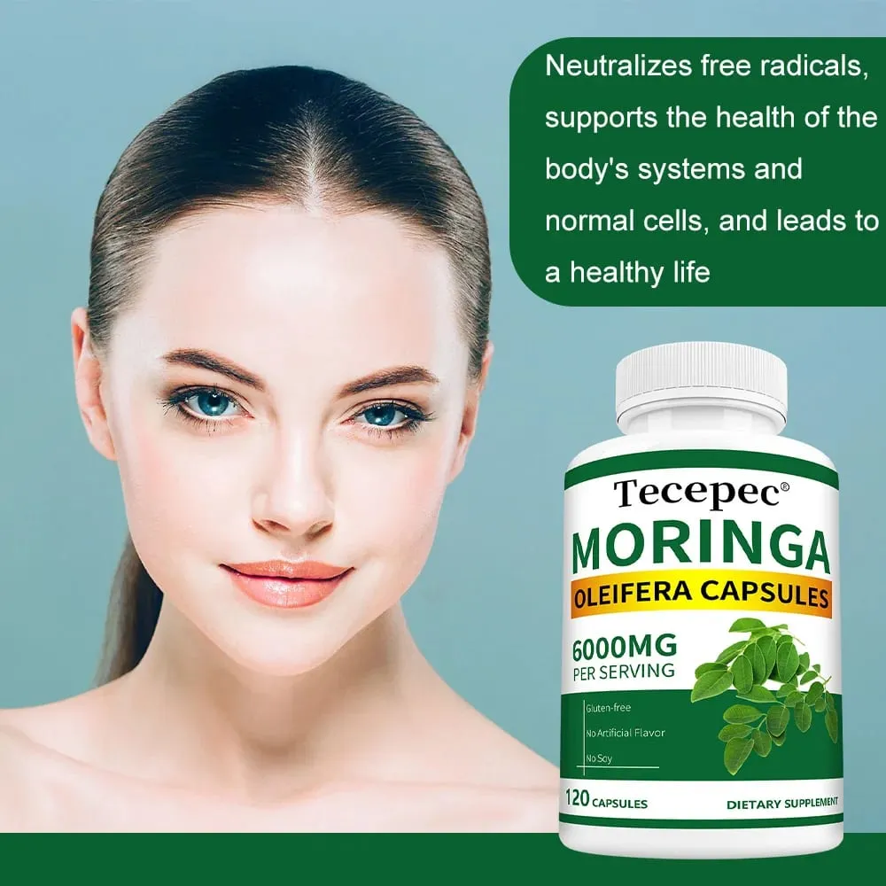 Organic Moringa Capsules 6000mg Antioxidant Boost Energy & Metabolism Support Immune Digestive Brain & Heart Health