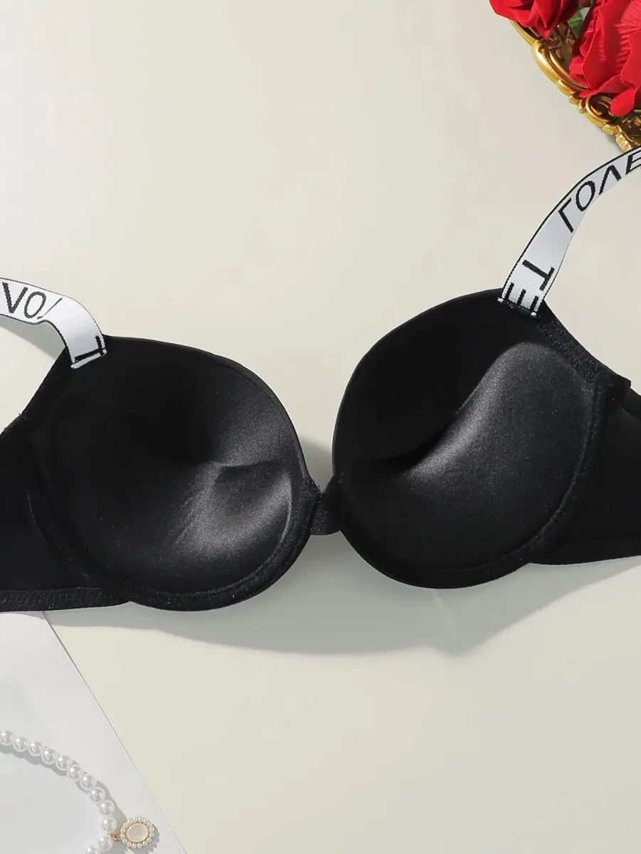 Viomisha Popular Sexy Letter Underwire Push Up Bra Lingerie Set for Women 2 Piece Solid Underwear Comfort Knit Strap