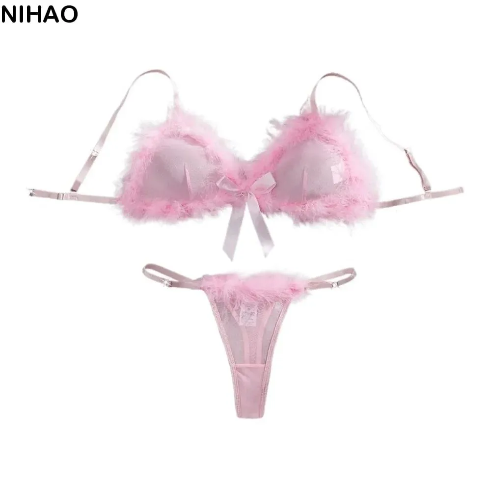 Sweet Furry Women's Underwear Mesh Transparent Wireless Lingerie Set Romantic Intimate Bow Decor Bra Panties Suit Home
