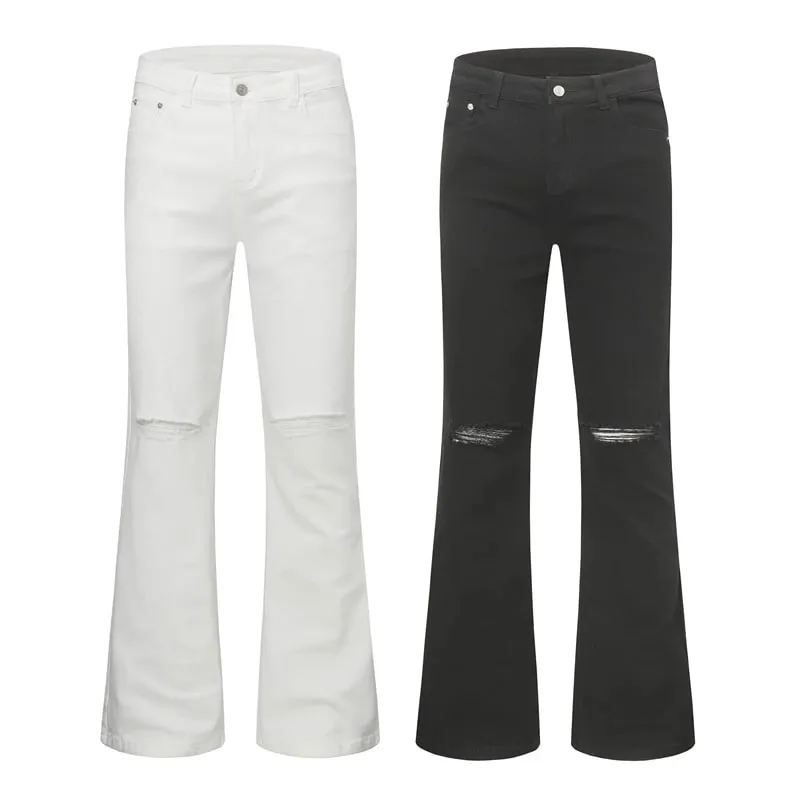 Đô Thị Đường Phố Nam Slim Fit Loe Quần Jean Trắng Đen Quần Jean Đau Khổ Tổng Thể Y2k Màu Giặt Skinny Jeans Nam Rách