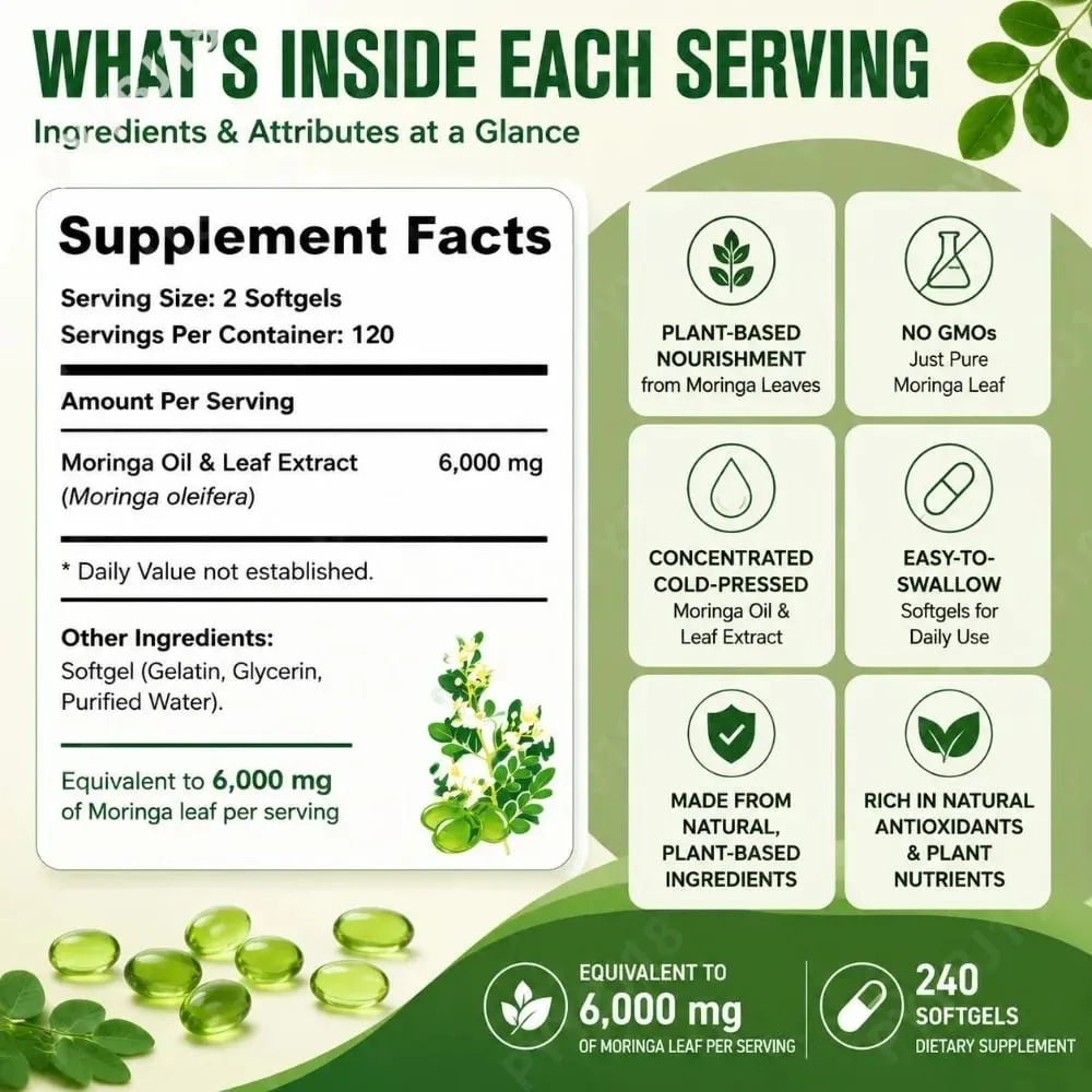 Moringa Leaf Softgels 6000 Mg Equivalent Per Serving for Daily Relaxation Natural Energy Vitality & Comfort Support 240 Softgels