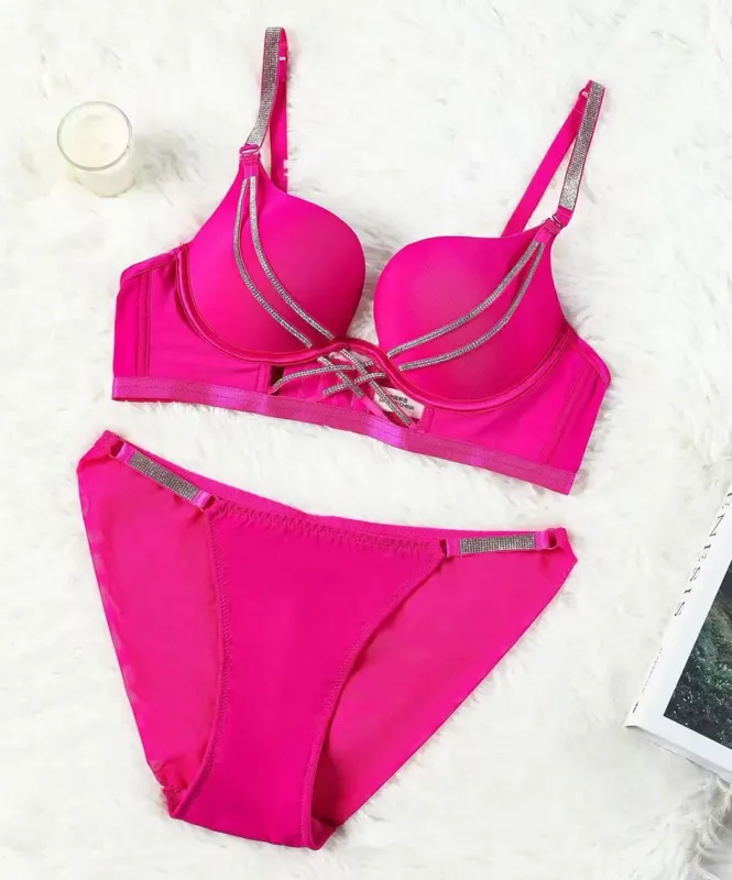 Rhinestone Sexy Bra Set Bralette Girls Underwear Brassiere Fashion Deep V Gather Bras Lingerie Panty Sets