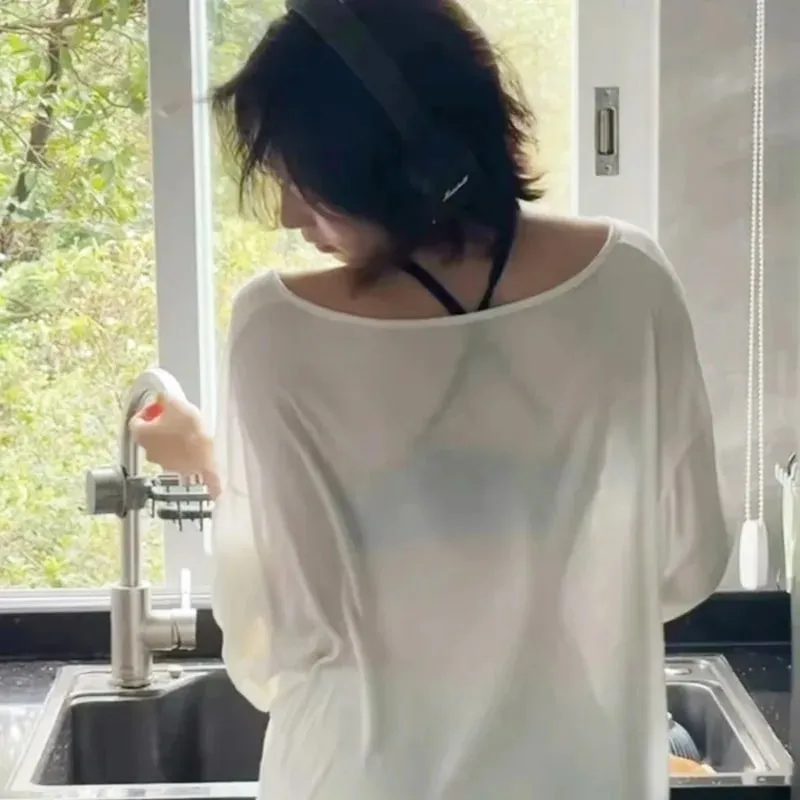 Sheer Baggy T-shirt Streetwear Off Shoulder Top Summer Sunscreen Pullover Shirt Women Loose Sheer T-shirt Long Sleeve Lazy Shirt