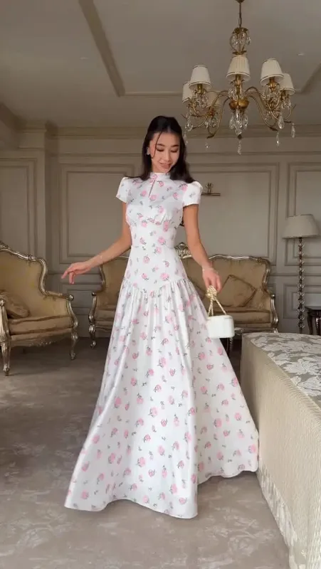Women Chic Pink Floral Print Maxi Vestido Elegant V Neck Ruffle Trim Flare Sleeve Ruched High Chiffon Dress 2026 Party Outfit
