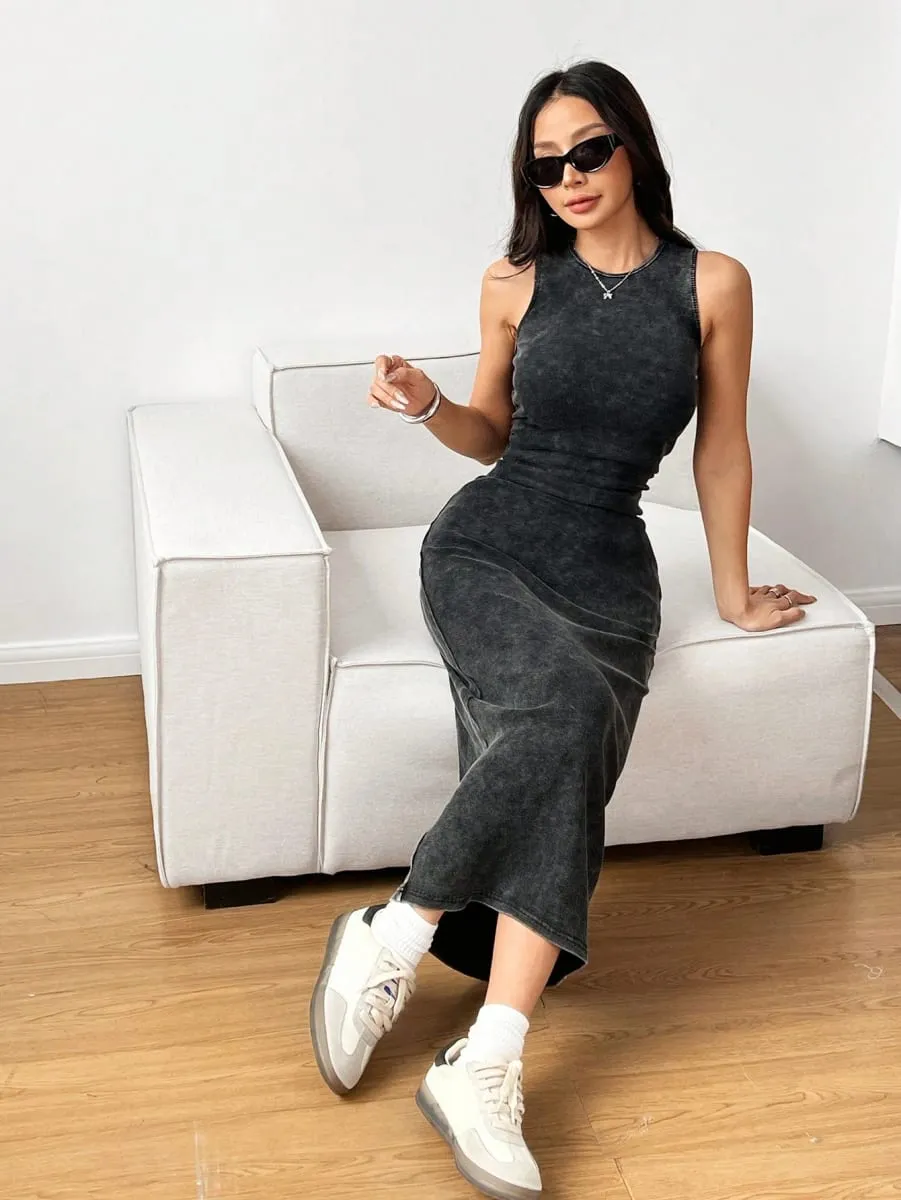 Women's Summer Round Neck Pleated Bodycon Casual Cami Dress Holiday Outfits Summer Dresses for Women