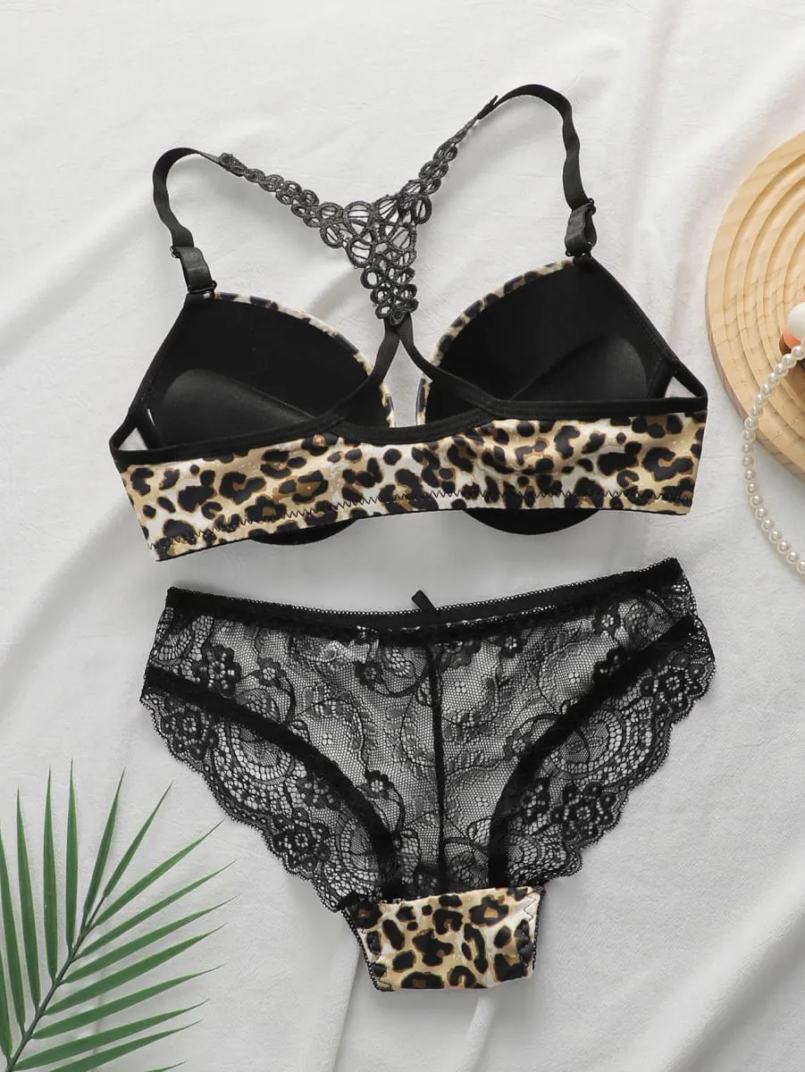 Leopard Print Front Closure Bra Set with Underwire Push Up Lingerie Set for Women Sexy Lace Bralette and Panty Two Piece Outfit