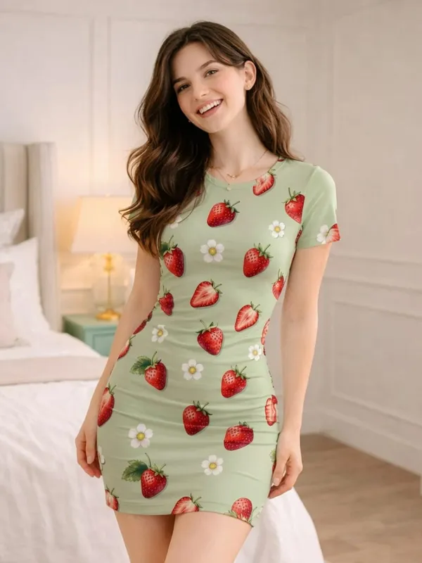 Gaun Mini Bodycon Lengan Pendek Wanita Gaun Sundress Pakaian Klub Liburan Modern Lucu Pesta Musim Panas Kasual Gambar Cetak Bunga Leher Kru Pas Badan