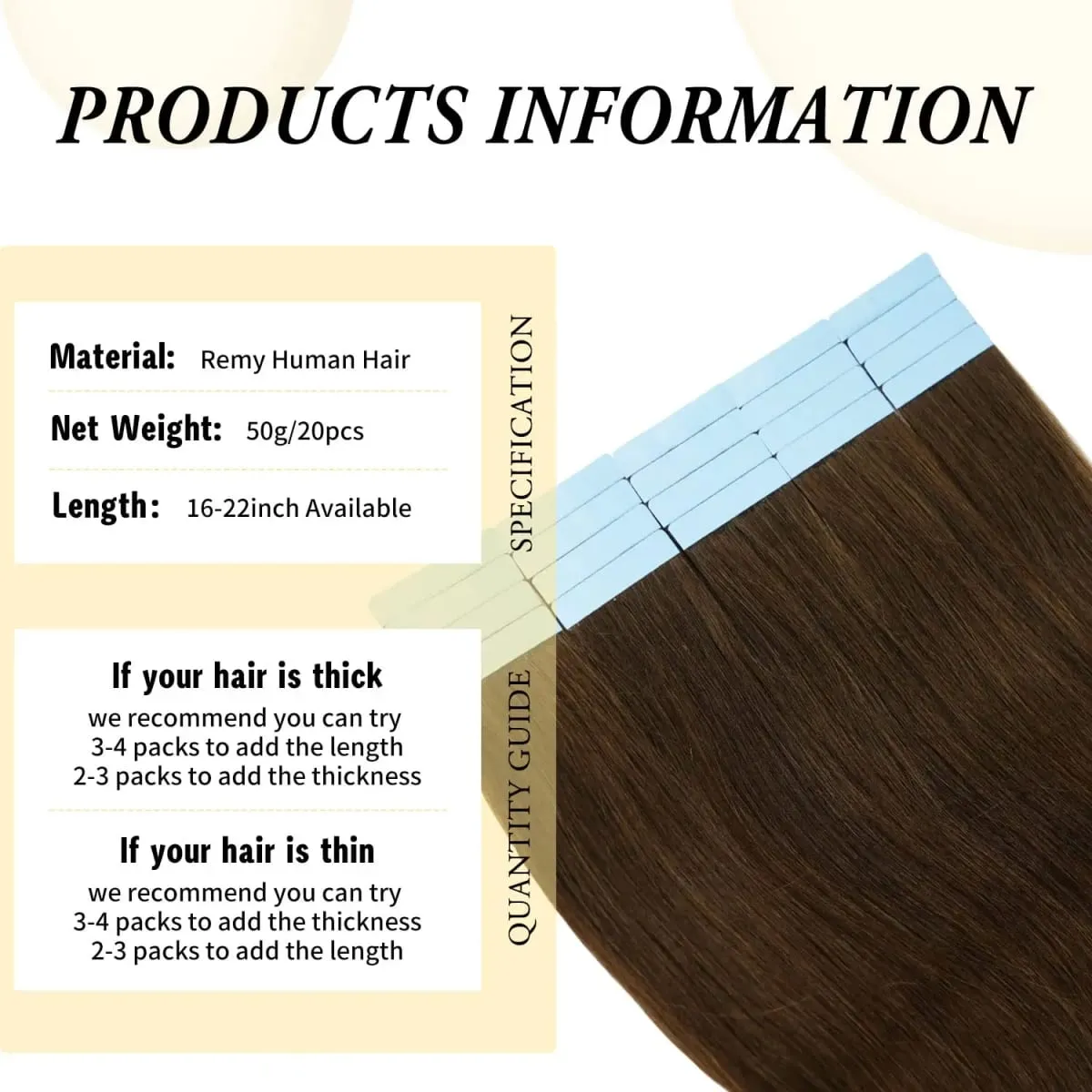 Doreen Tape In Human Hair Extensions Chestnut Brown 16 to 24 Inch 20 Pcs 50g/Pack Silky Straight PU Skin Weft Seamless Tape in
