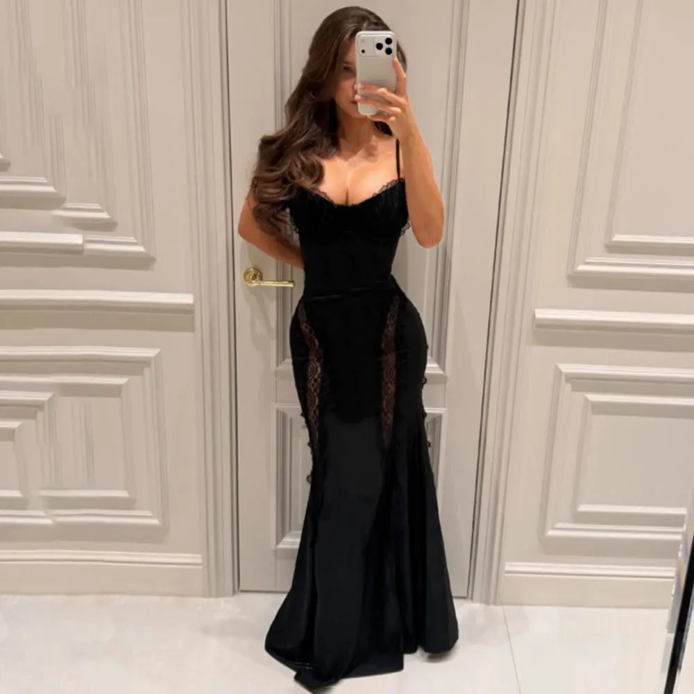 Talenza Luxury Lace Evening Dress Women's Sexy See-Through Lace Patchwork Sleeveless Dress Elegant Hollow Out Female Party Dress