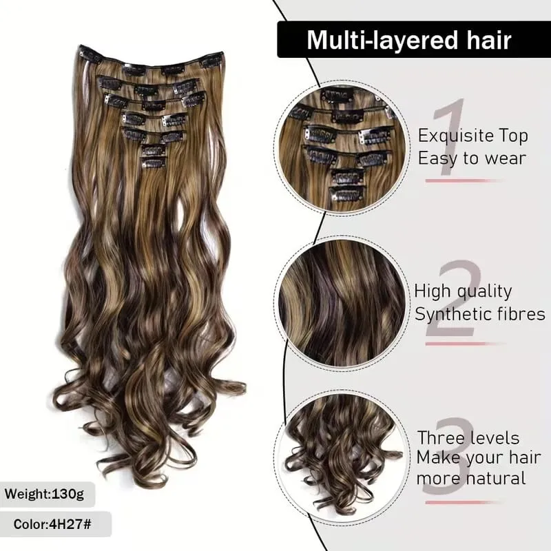 7pcs/set 24 Inch Synthetic Long Curly Wavy Hair Extensions 16 Clips In Hairpieces Synthetic Fiber Wave Hair Extensions for Women