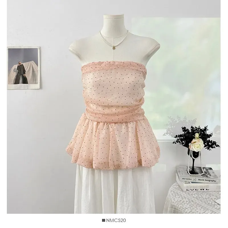 Sexy pleated dots Camis Chic tube top Slim Korean Tanks Top Elegant off shoulder Crop Top Summer Women Bustier