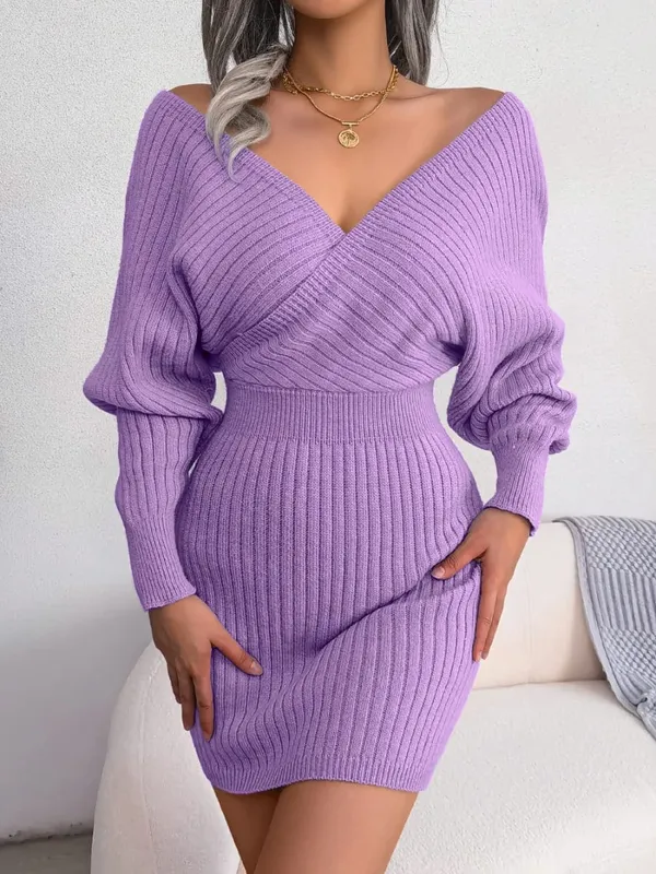VigoCasey 2026 White Cross V Neck Short Knit Dress Spring Autumn Women Casual Long Sleeve Dress Sexy Lady Solid Knitted Dresses