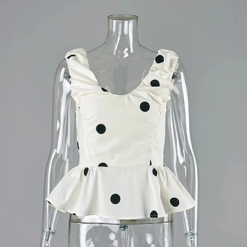 Linad Vintage Polka Dot Backless Tank Tops Summer Street Chic Slim Deep V Neck Vest Casual Ruffles Sleeveless Tops Woman 2026