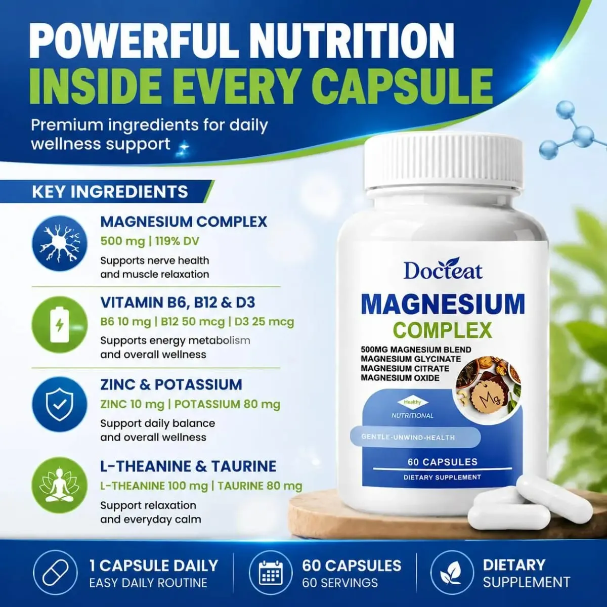 Docteat Magnesium Complex Capsules 500mg L-Theanine Taurine Supports Nerve Health Energy Metabolism Muscle Relaxation 60 Caps
