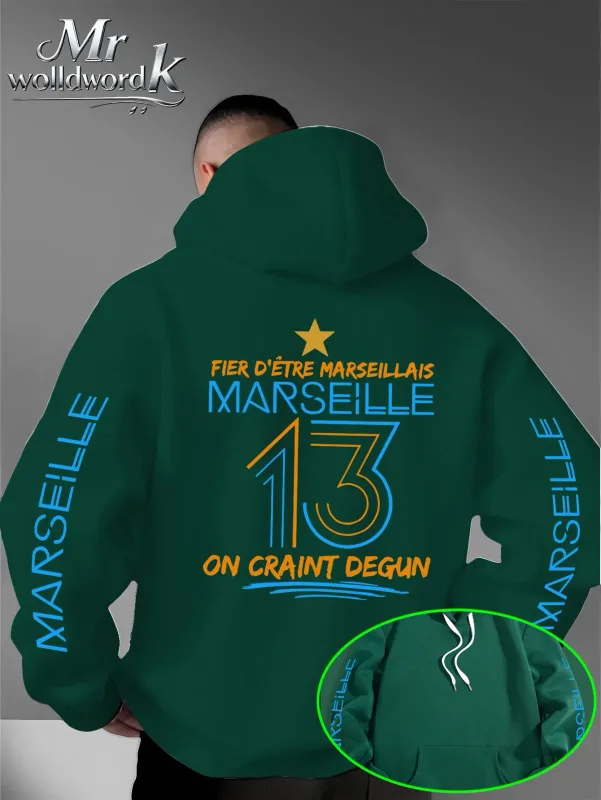 Men Marseille 13 City Graphic Hoodie Multi‑Print Sleeve Back Letter Hooded Sweatshirt Autumn Winter Fleece Loose Hoodie