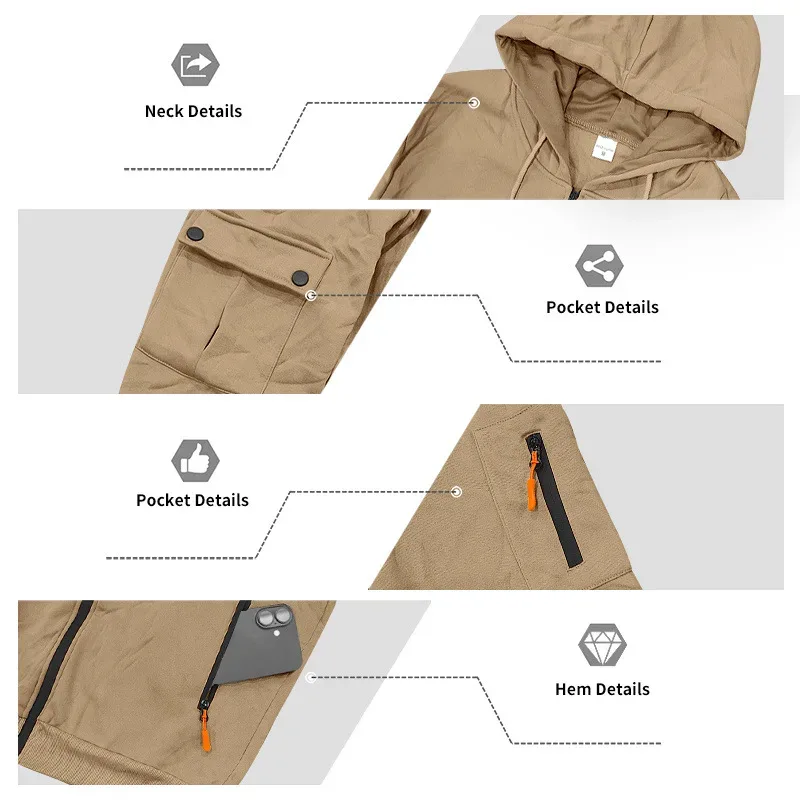 Men's Heavyweight Full Zip Hoodie Autumn Winter Casual Outdoor Hooded Sweatshirt Multi‑Pocket Drawstring Loose Fit Sports Jacket