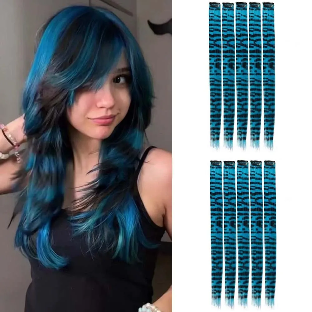 10pcs/set Stripe Printed Hair Colorful Long Straight Hair Pieces Synthetic Clip-in Hair Extensions for Daily Use Party Halloween