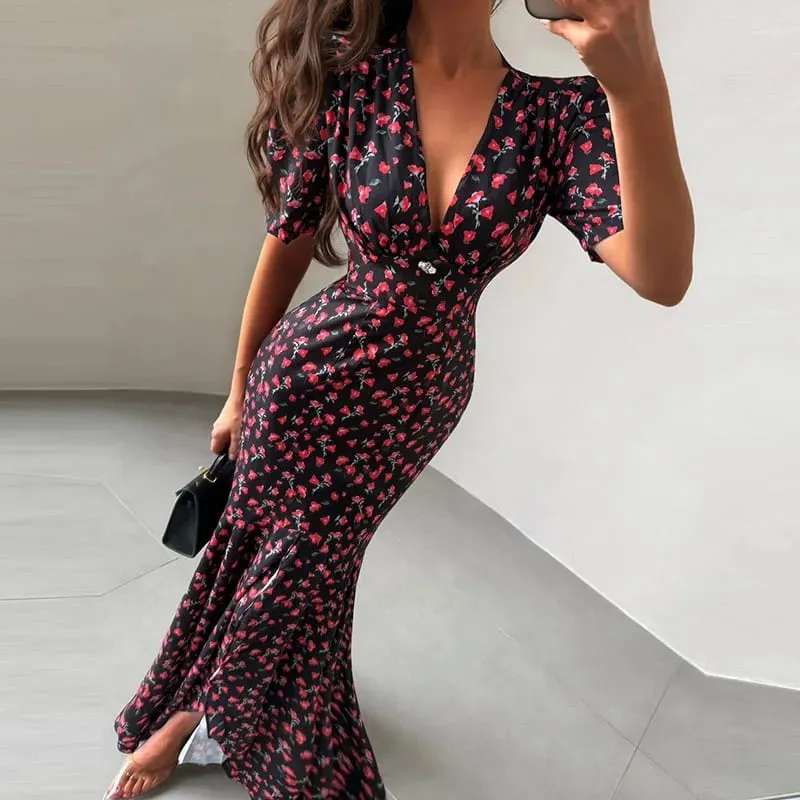Organza Floral Printed Maxi Dress V-Neck Puff Sleeve 2026 Spring/Summer Romantic Women Party Gown Fashion Elegant Lady Vestidos