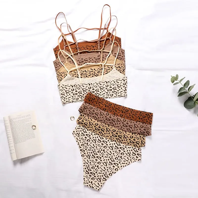 Vendita calda Leopard Ice Silk Bralette Wireless Active Fitness Reggiseno Tracelss Breve reggiseno senza cuciture e set di slip per le donne