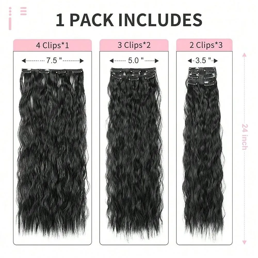Synthetic Hair Extensions 16Clips In 6PCS Set Curly 24inch Long Clip On Hairpiece Corn Wavy Style For Women Girls Daily Party